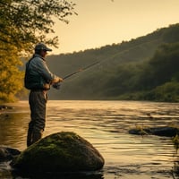 Fisherman casting into river