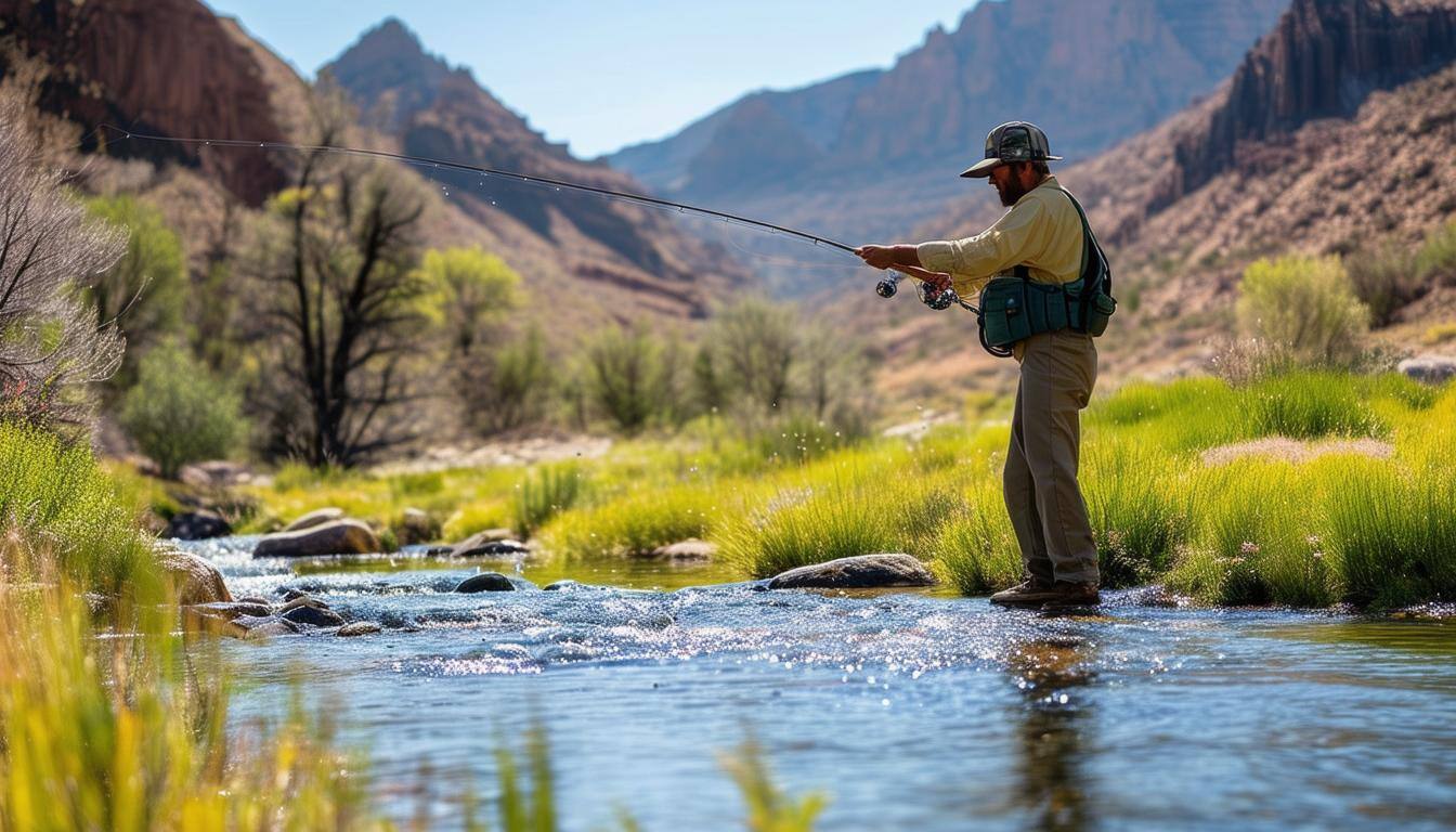 Fly fisherman casting fly rod into small creek, western canyon setting in the background